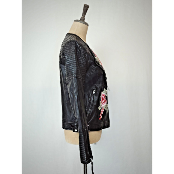 Top Shop Black Faux Leather Embroidered Moto Jacket Womens 10 / Medium #1-0166 - Picture 4 of 13